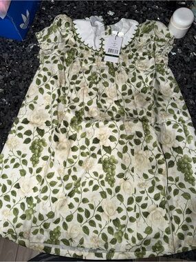 Hermoza Green & White Floral Scalloped Collar Girls Dress